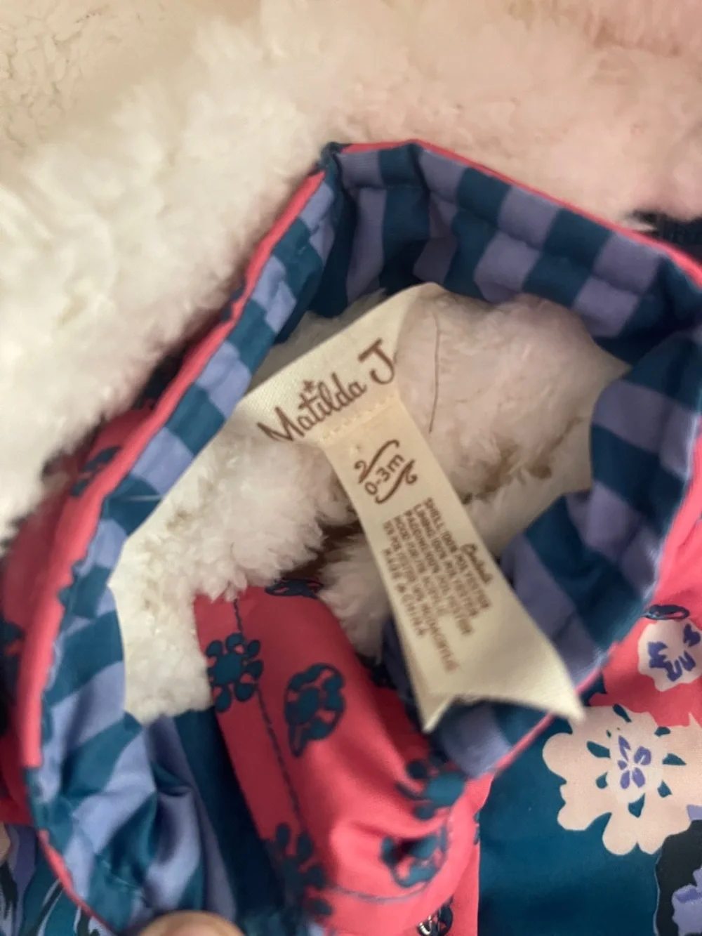 Matilda Jane Teal Floral Puffer Footed Snowsuit with Coral Pink Sleeves - Picture 3 of 5